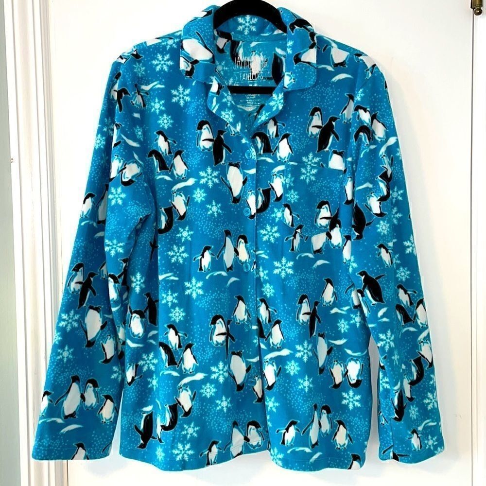 Jammies for Your Families soft penguin print fleece button front pajama top XL